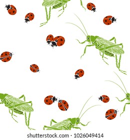 Grasshoppers and ladybugs on a white background. Seamless vector pattern.