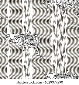 Grasshoppers on the grass. Seamless vector pattern. Hand-drawn black and white background.