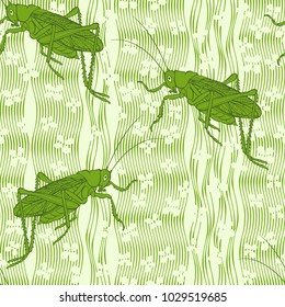 Grasshoppers on green grass and flowers. Seamless vector pattern. Hand-drawn art nature background.