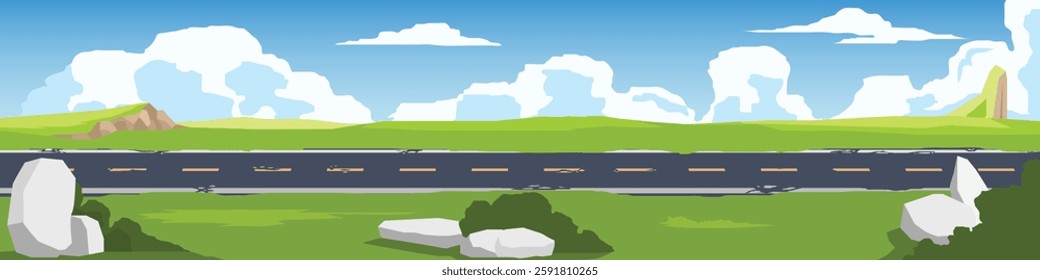 Grassland landscape for banner. Asphalt road near meadow with green hills. Broken road line color. Grass covered roadside. Under clear sky. Flat vector for copy space.