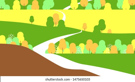 Grassland landscape, long road on small hills in green and yellow tones