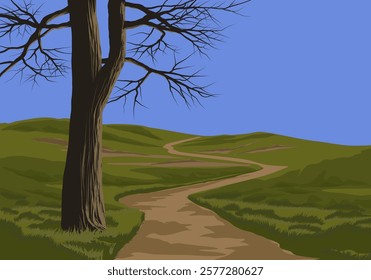 Grassland landscape with a tree and footpath