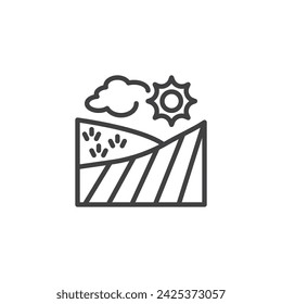 Grassland line icon. linear style sign for mobile concept and web design. Meadow with cloud and sun outline vector icon. Symbol, logo illustration. Vector graphics