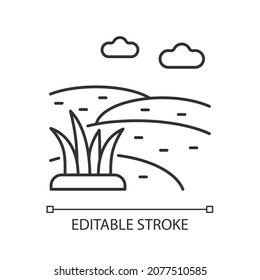 Grassland linear icon. Grass covered ground. Large open grassy field. Animal grazing meadow. Thin line customizable illustration. Contour symbol. Vector isolated outline drawing. Editable stroke