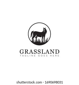 grassland logo with horse and landscape vector