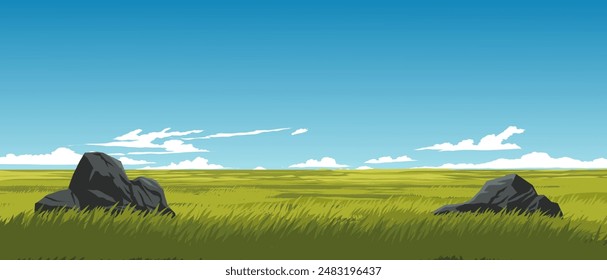 Grassland on sunny day. Field with rocks Summer background