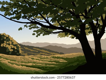 Grassland sunrise illustration with a tree in the foreground