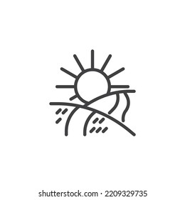 Grassland and sunrise line icon. Meadow road and sun linear style sign for mobile concept and web design. Nature landscape outline vector icon. Symbol, logo illustration. Vector graphics