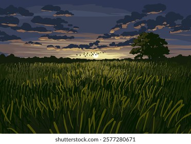 Grassland sunset landscape with a tree and dusk