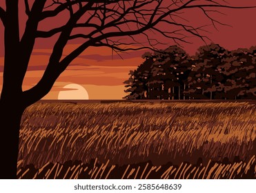 Grassland sunset scenery with closeup of tree in foreground