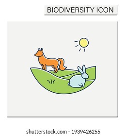 Grasslands color icon. Fox and rabbit live in grasslands. Hunting. Generally located between deserts and forests. Biodiversity concept. Isolated vector illustration