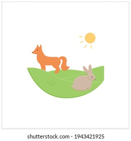 Grasslands flat icon. Fox and rabbit live in grasslands. Hunting. Generally located between deserts and forests. Biodiversity concept. 3d vector illustration