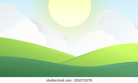 Grasslands, green hills and white clouds, big sun in summer ,Illustration Vector EPS 10