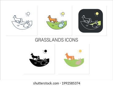 Grasslands icons set.Fox,rabbit live in grasslands.Generally located between deserts and forests.Biodiversity concept.Collection of icons in linear,filled,color styles.Isolated vector illustrations