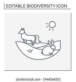 Grasslands line icon. Fox and rabbit live in grasslands. Hunting. Generally located between deserts and forests. Biodiversity concept. Isolated vector illustration.Editable stroke