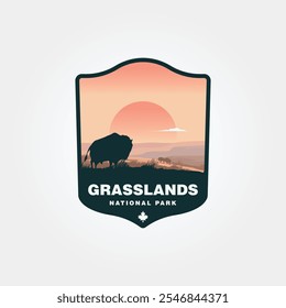 grasslands national park with a bison looking at the sunset vector design, canada national park logo