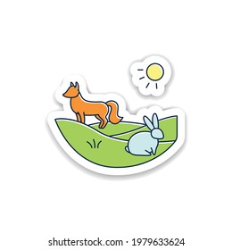 Grasslands sticker. Fox and rabbit live in grasslands. Hunting badge for designs. Generally located between deserts and forests. Biodiversity vector emblem