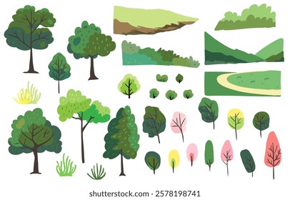 grass,tree and mountain landscape element object for spring season