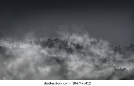 Grassy foggy field with hills, rocks, boulders inside the mist clouds. Vector hazy landscape halloween llustration.
