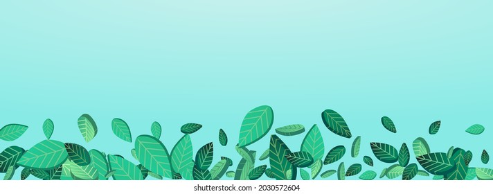 Grassy Foliage Blur Vector Panoramic Blue Background Wallpaper. Nature Leaf Border. Forest Greens Forest Branch. Leaves Tree Poster.