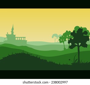 Grassy Green Environment with some Trees and a Building in the Far Distance, Vector Illustration. 