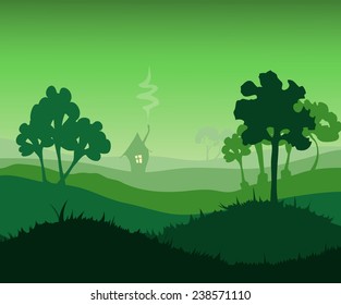 Grassy Green Environment with some Trees and a House in the far Distance, Vector Illustration. 