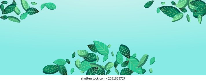 Grassy Greens Transparent Vector Panoramic Blue Background Template. Nature Leaf Pattern. Forest Leaves Motion Banner. Foliage Falling Backdrop.