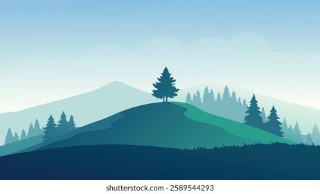 Grassy hill adorned with trees, shrouded in a gentle fog that lingers in the distance nature flat vector illustration.