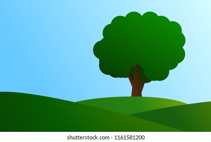 Grassy hill and big tree vector illustration wallpaper background.