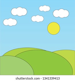 Grassy land with clouds and the sun. Vector Illustration.