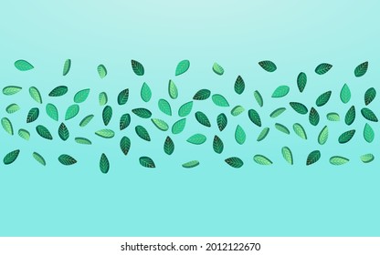 Grassy Leaf Abstract Vector Blue Background Concept. Wind Foliage Backdrop. Mint Greens Tea Template. Leaves Transparent Plant.