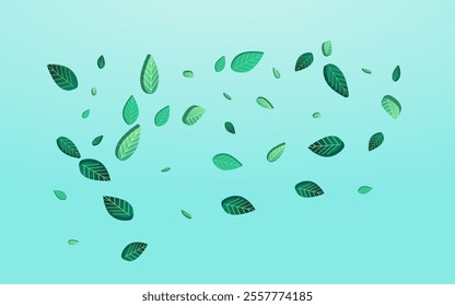 Grassy Leaf Nature Vector Blue Background Wallpaper. Forest Leaves Pattern. Forest Foliage Flying Plant. Greens Tree Illustration.