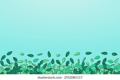 Grassy Leaf Spring Vector Blue Background Pattern. Wind Leaves Wallpaper. Mint Foliage Abstract Poster. Greens Nature Illustration.