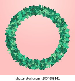 Grassy Leaves Herbal Vector Pink Background Border. Fly Greens Branch. Green Leaf Transparent Design. Foliage Swirl Illustration.