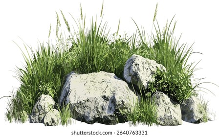 Grassy meadows, vector isolate, growth, rock composition, nature, landscape design, natural elements, greenery, field scenery, outdoor aesthetics, environmental textures