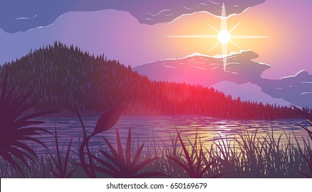 Grassy river bank among mountains at sunset in vector