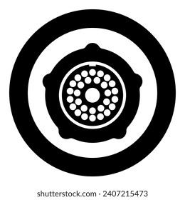 Grate for meat grinder plate mincer device for growing shallow of meat lattice with nut screw female screw pawl stop latch holder icon in circle round black color vector illustration image solid 
