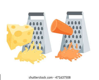 Grate set. Grated carrots and cheese. Cooking process vector illustration. Kitchenware and utensils isolated on white.