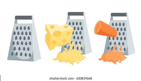 Grate set. Grated carrots and cheese process vector illustration. Kitchenware and cooking utensils isolated on white. 