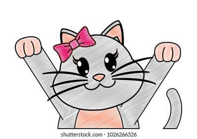 grated adorable female cat with hands up
