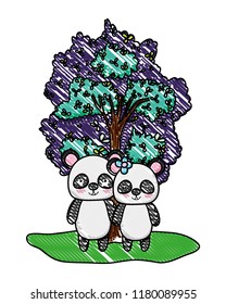 grated adorable panda couple animal and tree
