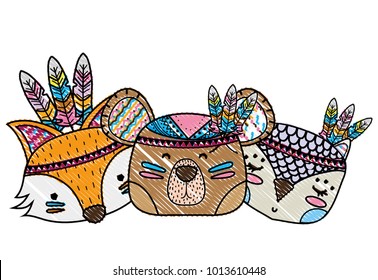 grated animals head friends with feathers design