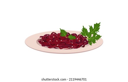 Grated beetroot salad with sesame seeds and parsley leaves on plate. Delicious and healthy food with vitamins. Vector flat illustration