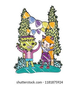grated boy frankenstein and girl kitten to halloween party