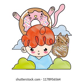 grated boy with kawaii cats donut and ice lolly