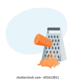 Grated carrot. Cooking process vector illustration. Kitchenware and cooking utensils isolated on white.