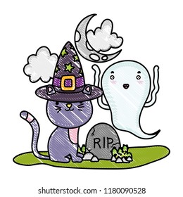 grated cat with hat and funny ghost with rip