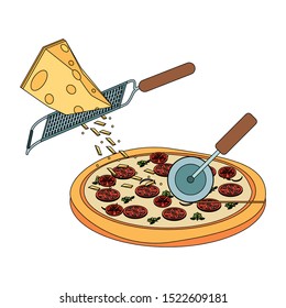 grated cheese falling over italian pizza over white background, vector illustration