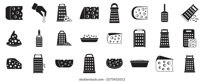 Grated cheese icons set. Set of icons representing cheese pieces, graters, and the process of grating, perfect for culinary and food related projects