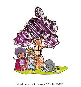 grated children with halloween costume and rip stone